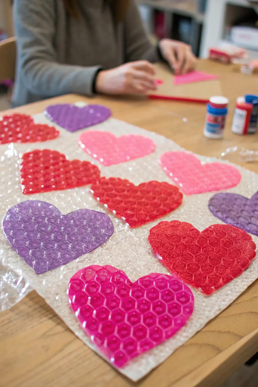 Textured heart prints made with bubble wrap.