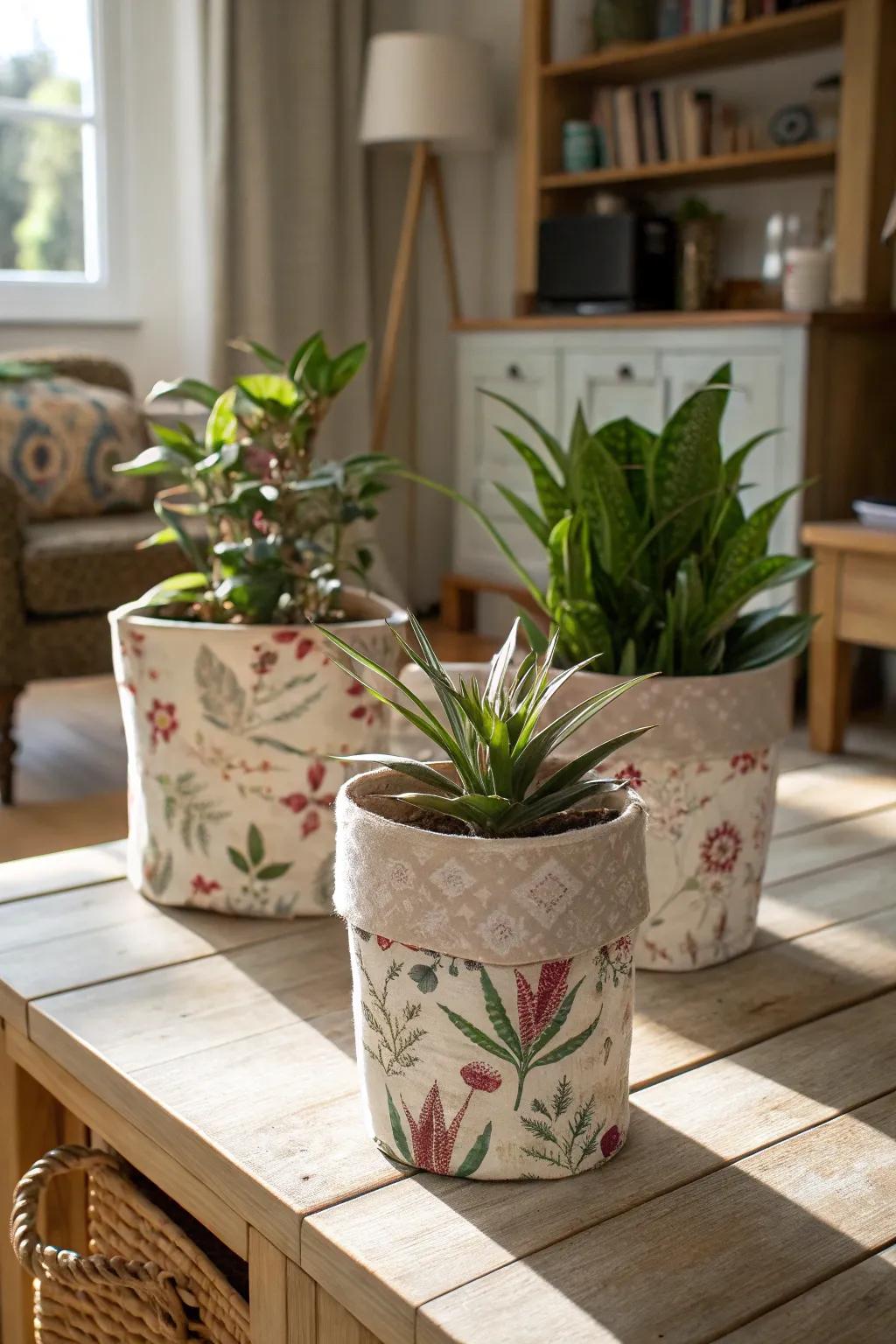 Floral linen-wrapped pots refresh your plant decor.