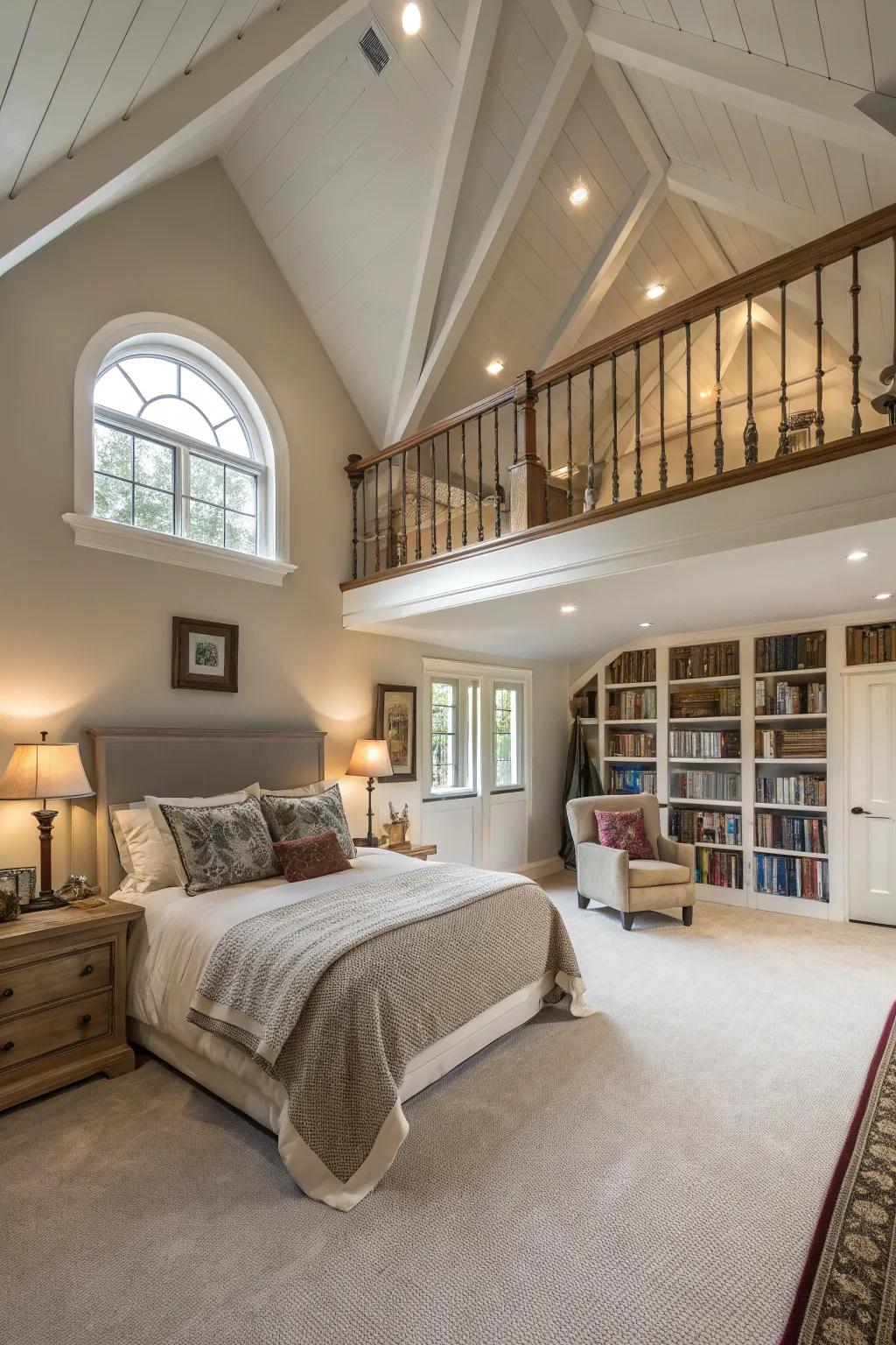 A loft space can add functionality and charm to a vaulted ceiling bedroom.