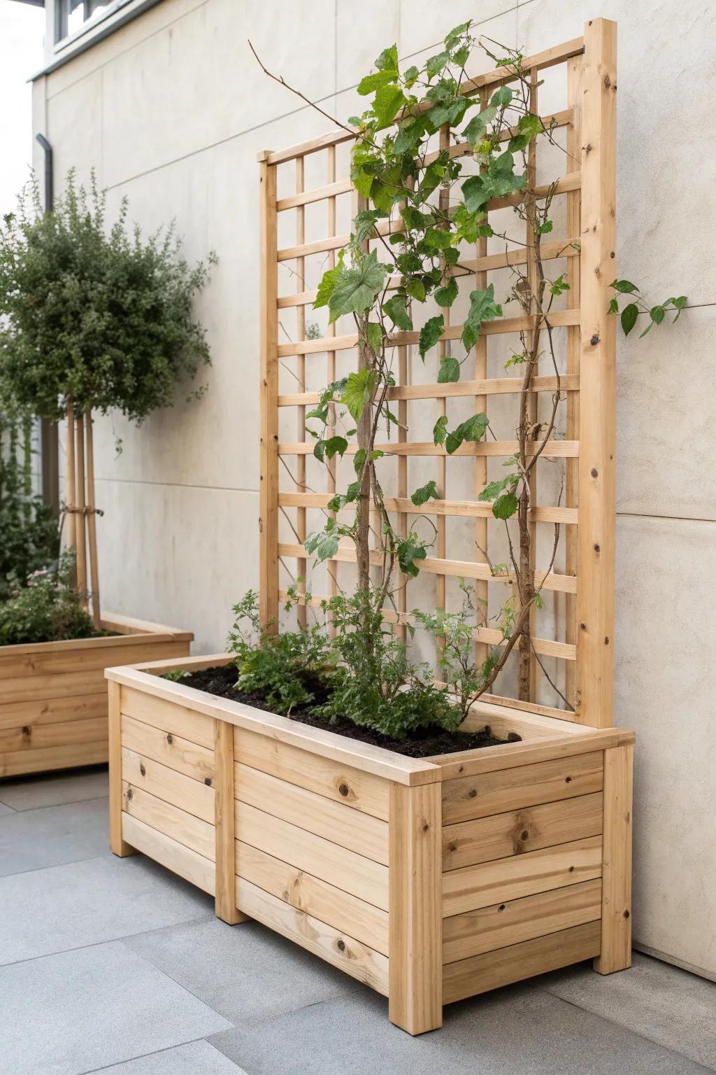 Elevate your garden with a stylish and functional planter box featuring a built-in trellis. Perfect for showcasing the beauty of climbing plants.