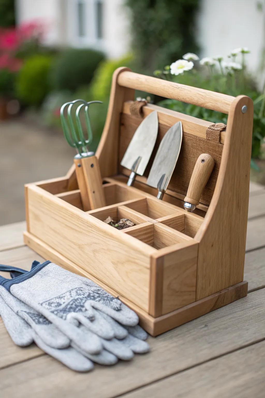 Elegance meets functionality: Organize your gardening essentials with this stunning wooden garden gear holder.