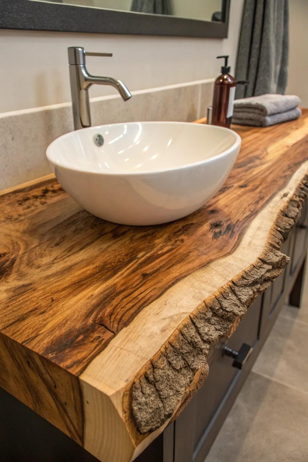 Transform your bathroom with the raw elegance of a live edge wood sink base.