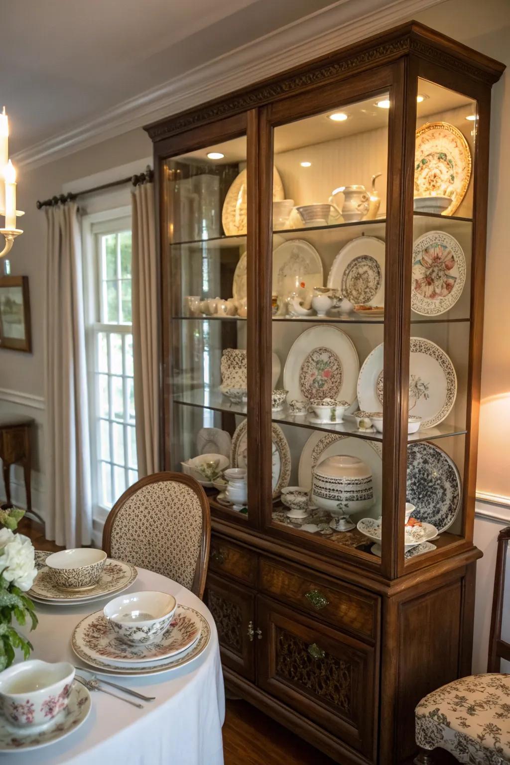 A collection of vintage dishware adds charm and history to this space.