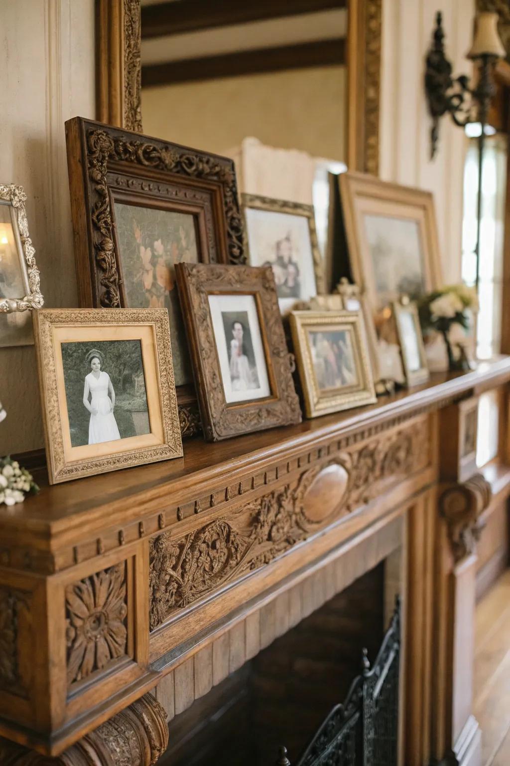 Ornate vintage frames display cherished memories on this classic mantel.