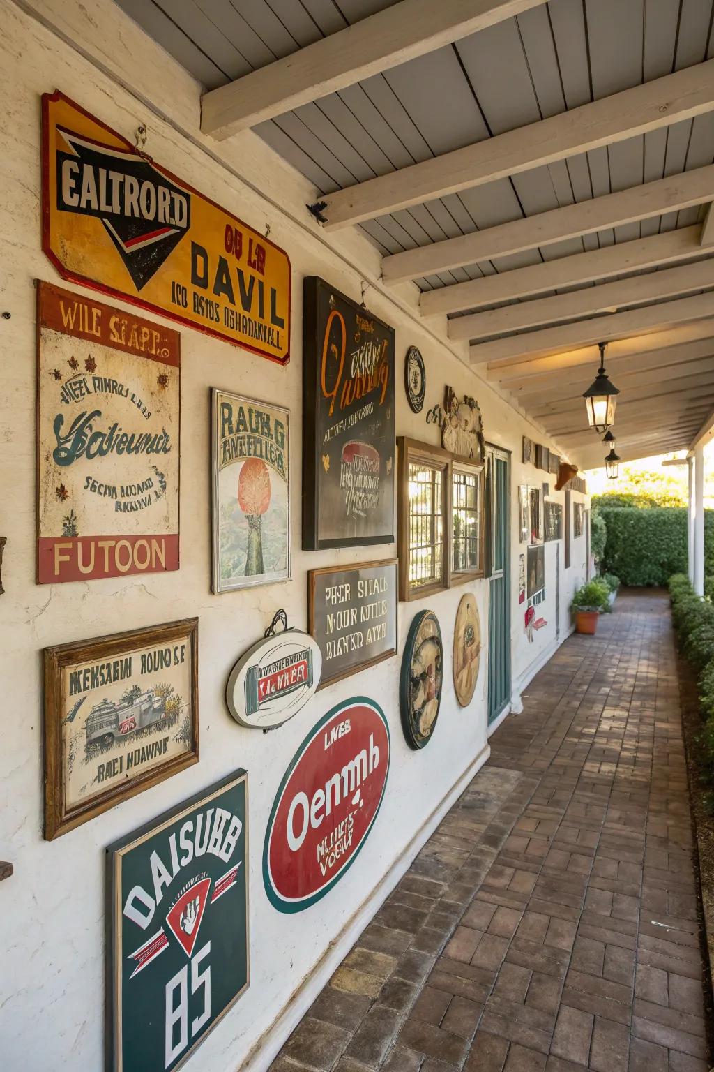 A gallery of vintage signs adds personal stories to this patio wall.