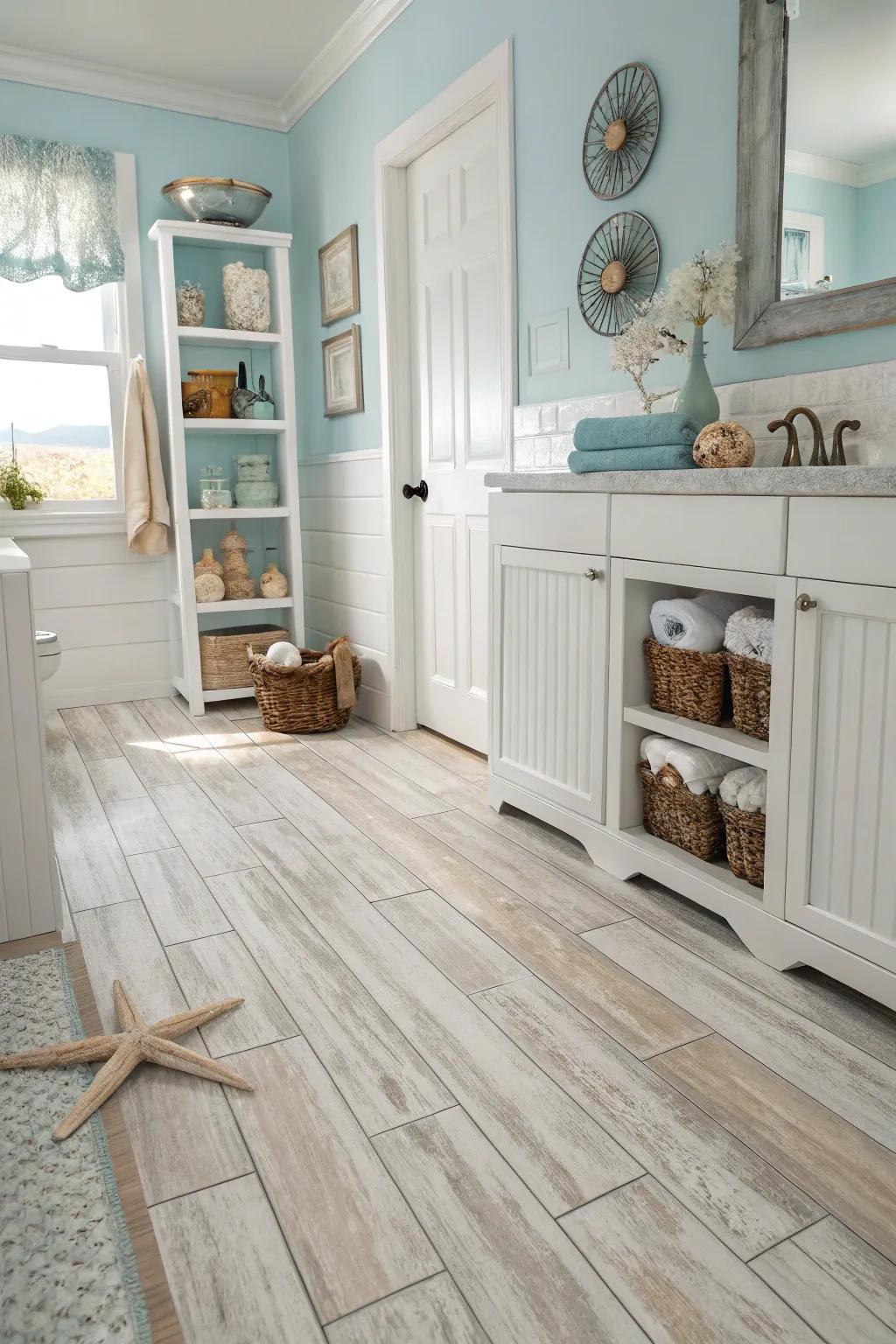 Coastal-inspired vinyl flooring brings a seaside vibe to this bathroom.