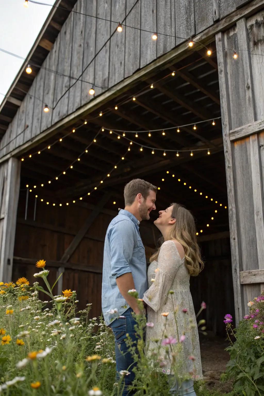 A rustic barn vow renewal with charming country decor.