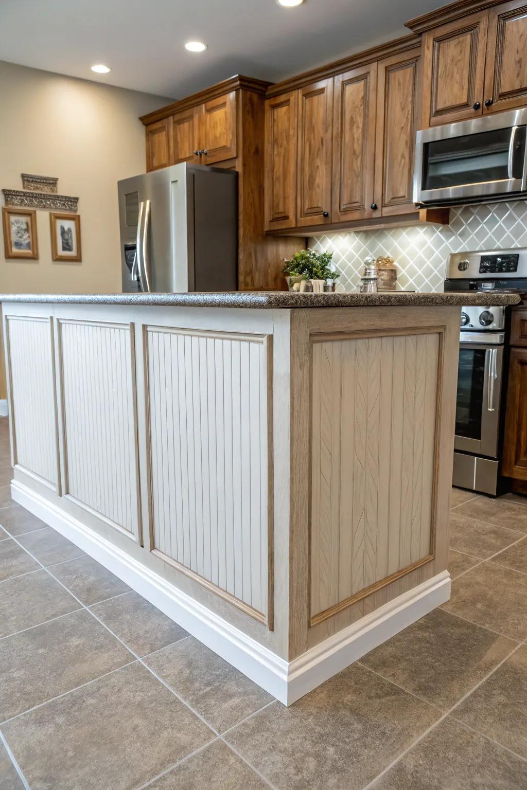 Contrasting textures in wainscoting add depth to this kitchen island.