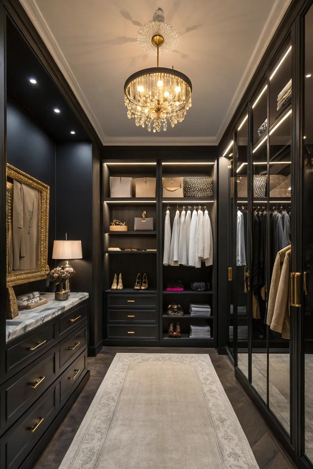 Timeless black creates a bold and dramatic closet space.