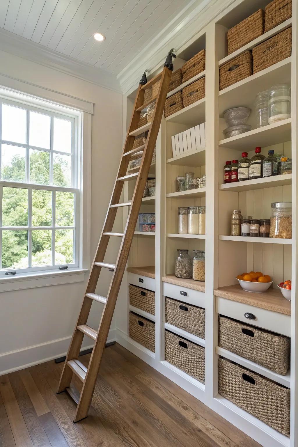 A sliding ladder in a walk-in pantry for easy access to tall shelves.