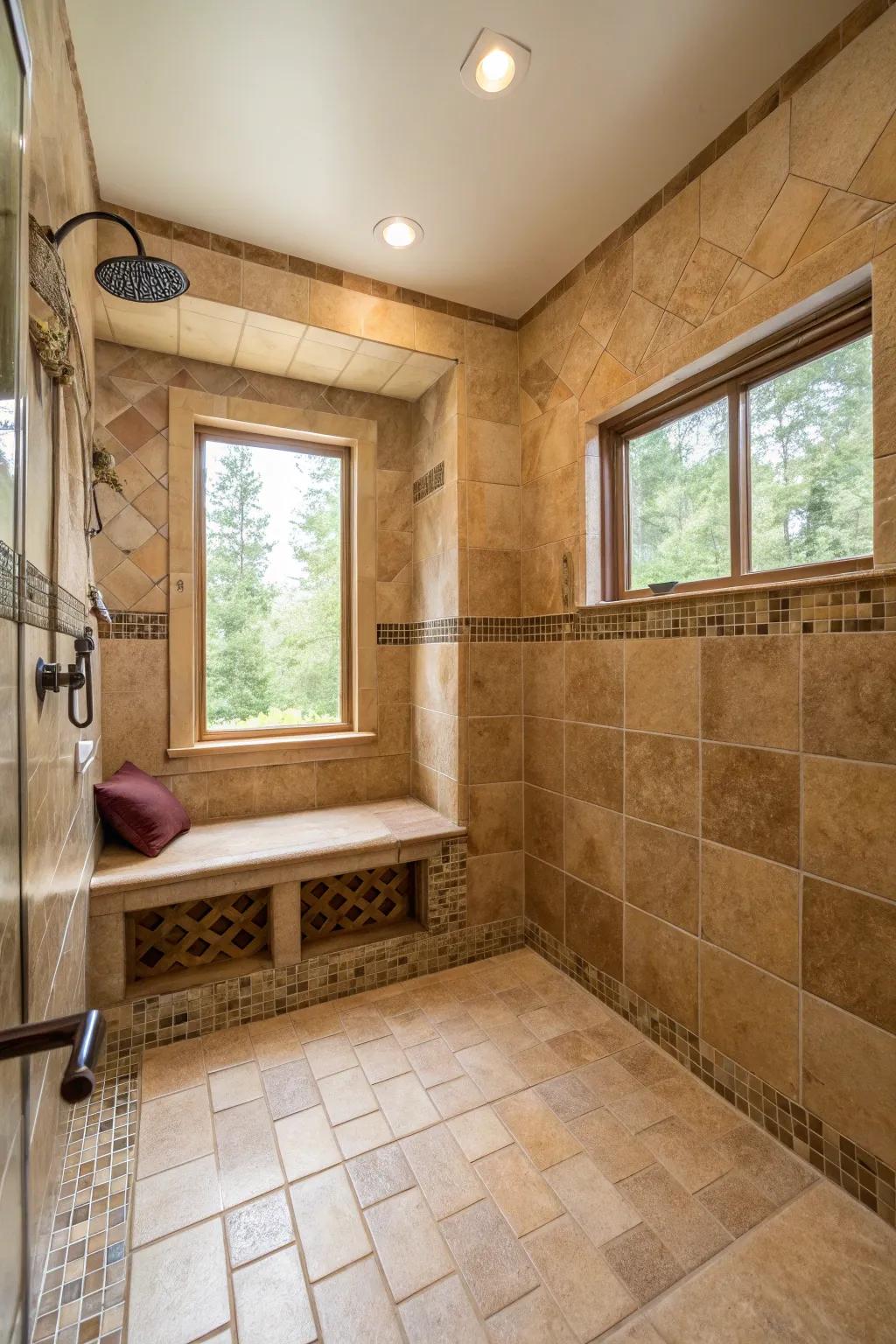 Earthy tones turn this shower into a calming retreat.