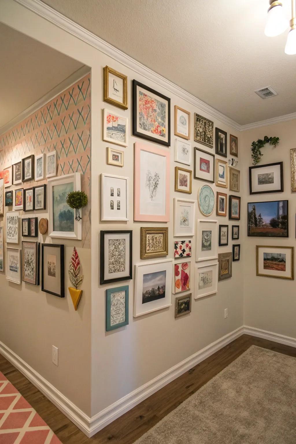 A dynamic gallery wall adding depth to a corner.