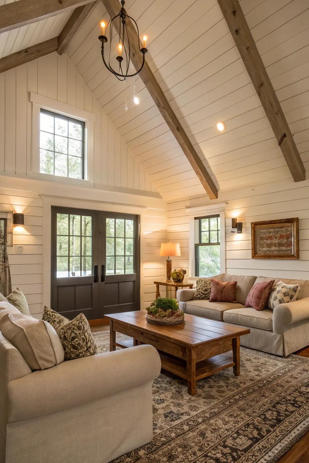 Shiplap adds texture and charm to expansive wall spaces.