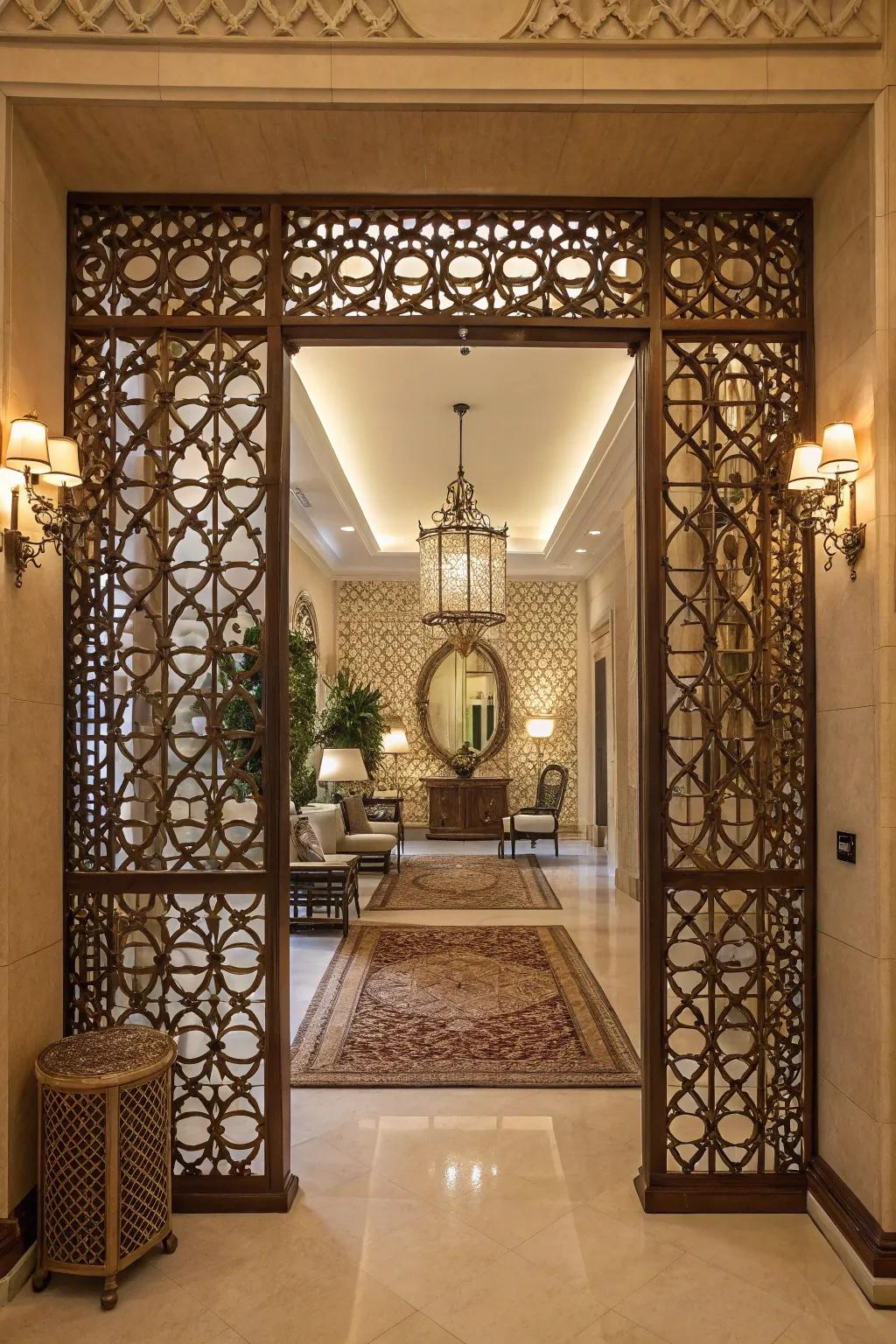 Entryway with a beautifully intricate lattice wall treatment.