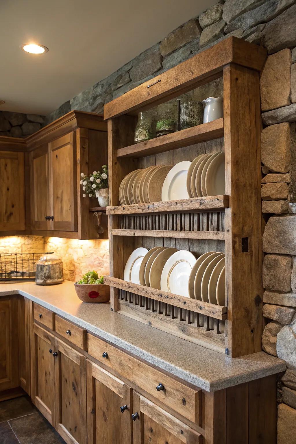 A rustic plate rack crafted from reclaimed barn wood.