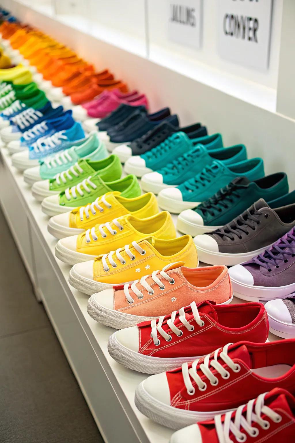 Arrange shoes in rainbow order for a vibrant display.