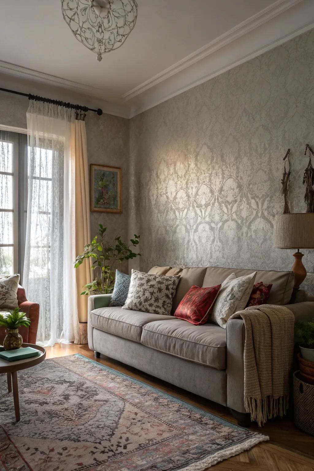 A sophisticated living room with textured wallpaper and soft grays.