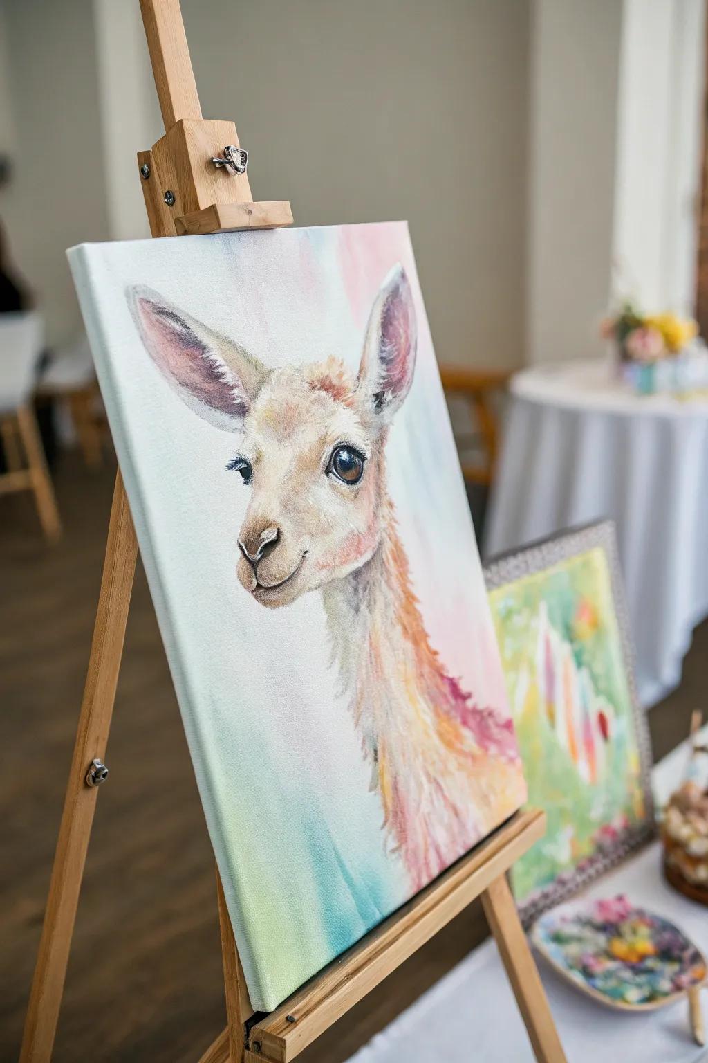 A whimsical watercolor animal portrait on canvas.