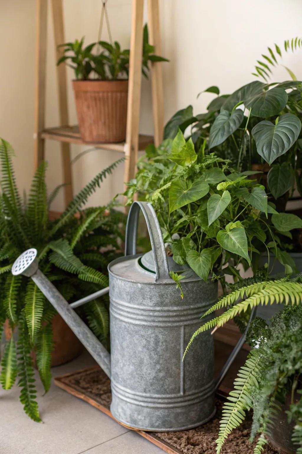 Indoor jungle: houseplants thriving in a large watering can.