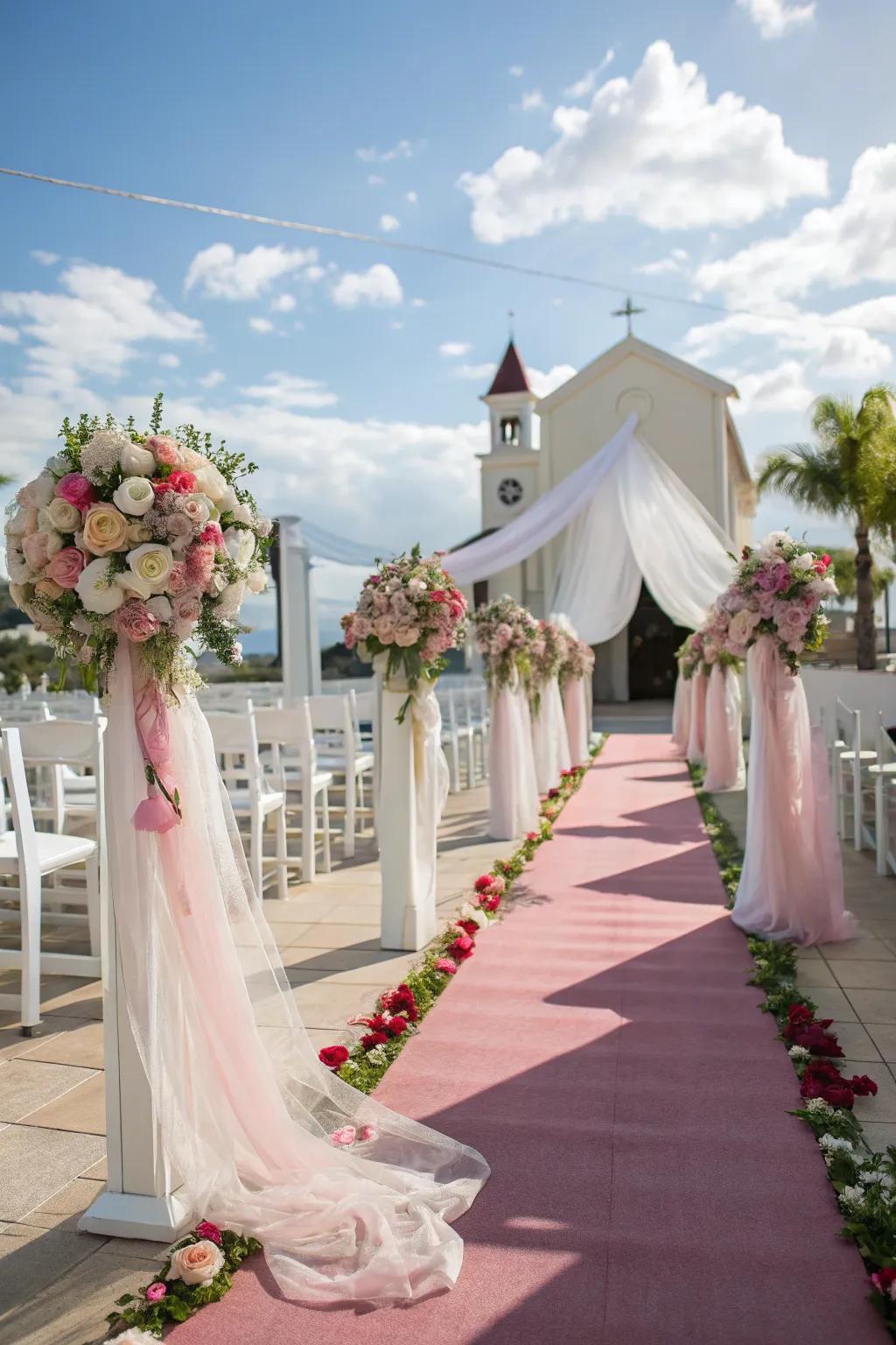 A romantic wedding aisle with draped fabric.