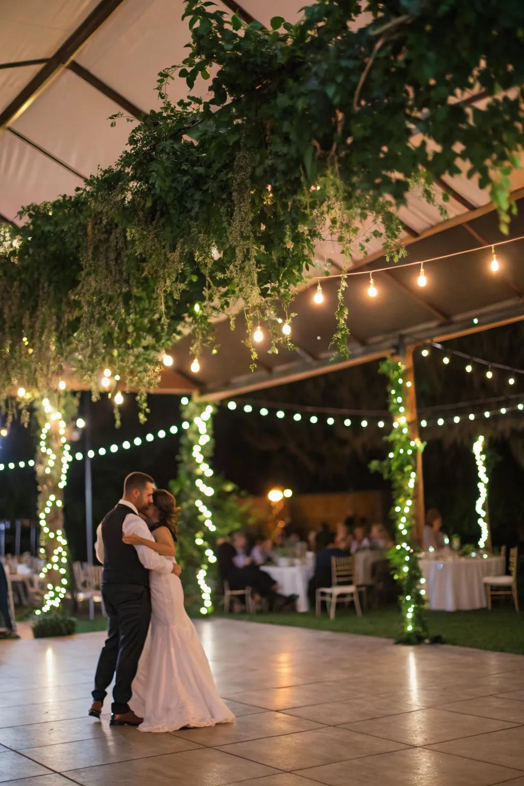 Dance in a garden-inspired setting with lush overhead greenery.