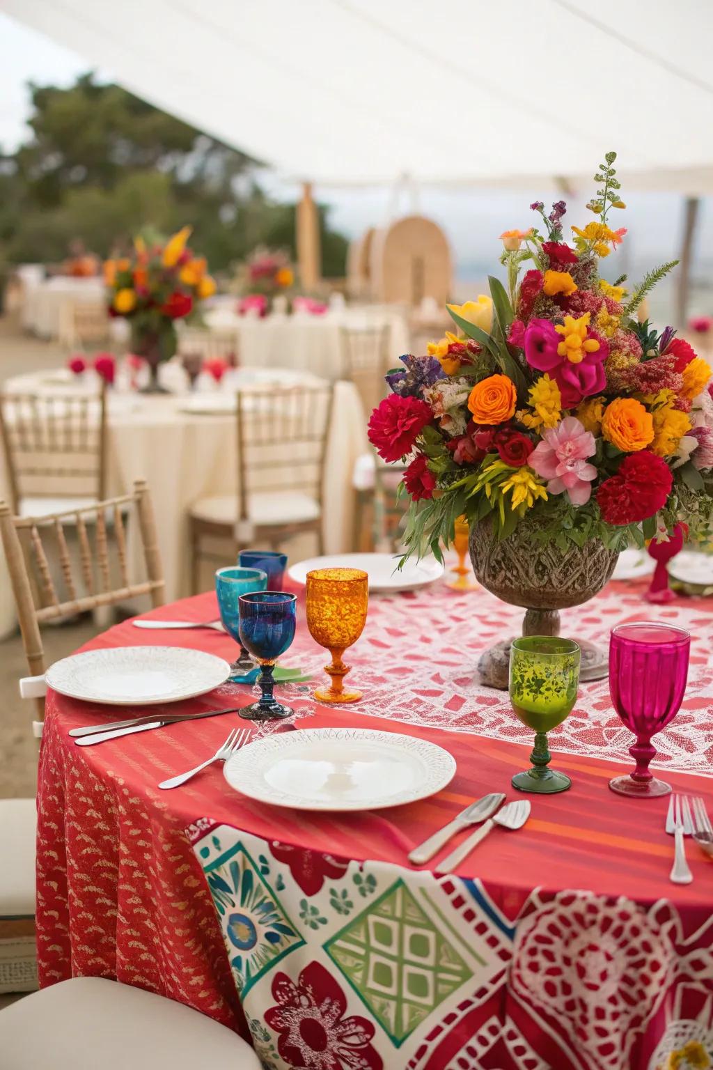 Patterned runners add vibrancy and personality to wedding tables.