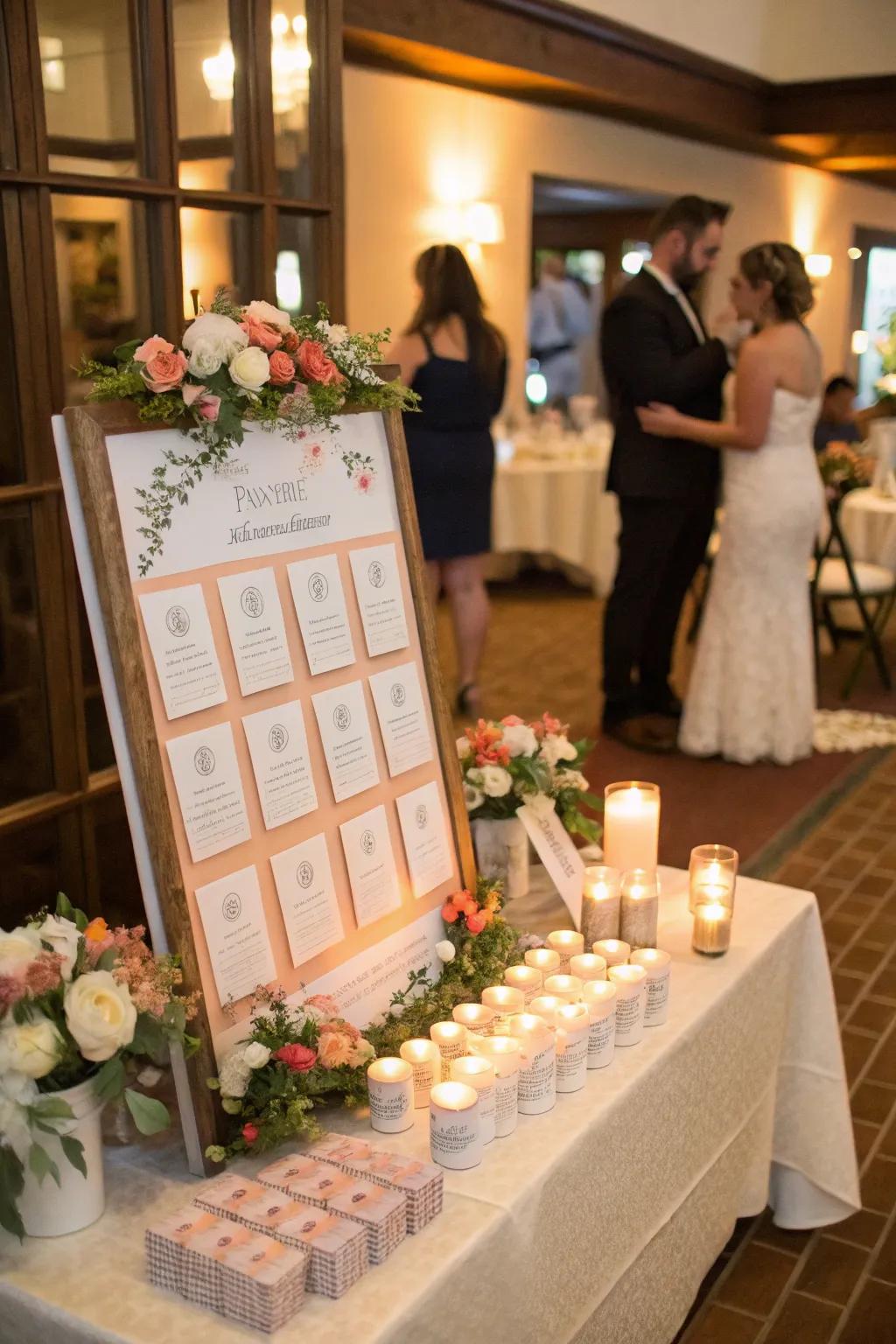 An interactive seating chart featuring personalized favors, offering a memorable experience for wedding guests.