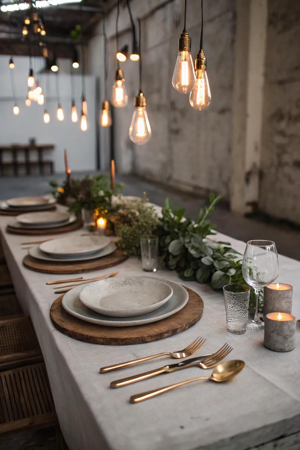 An industrial glam wedding table setting with modern urban flair.