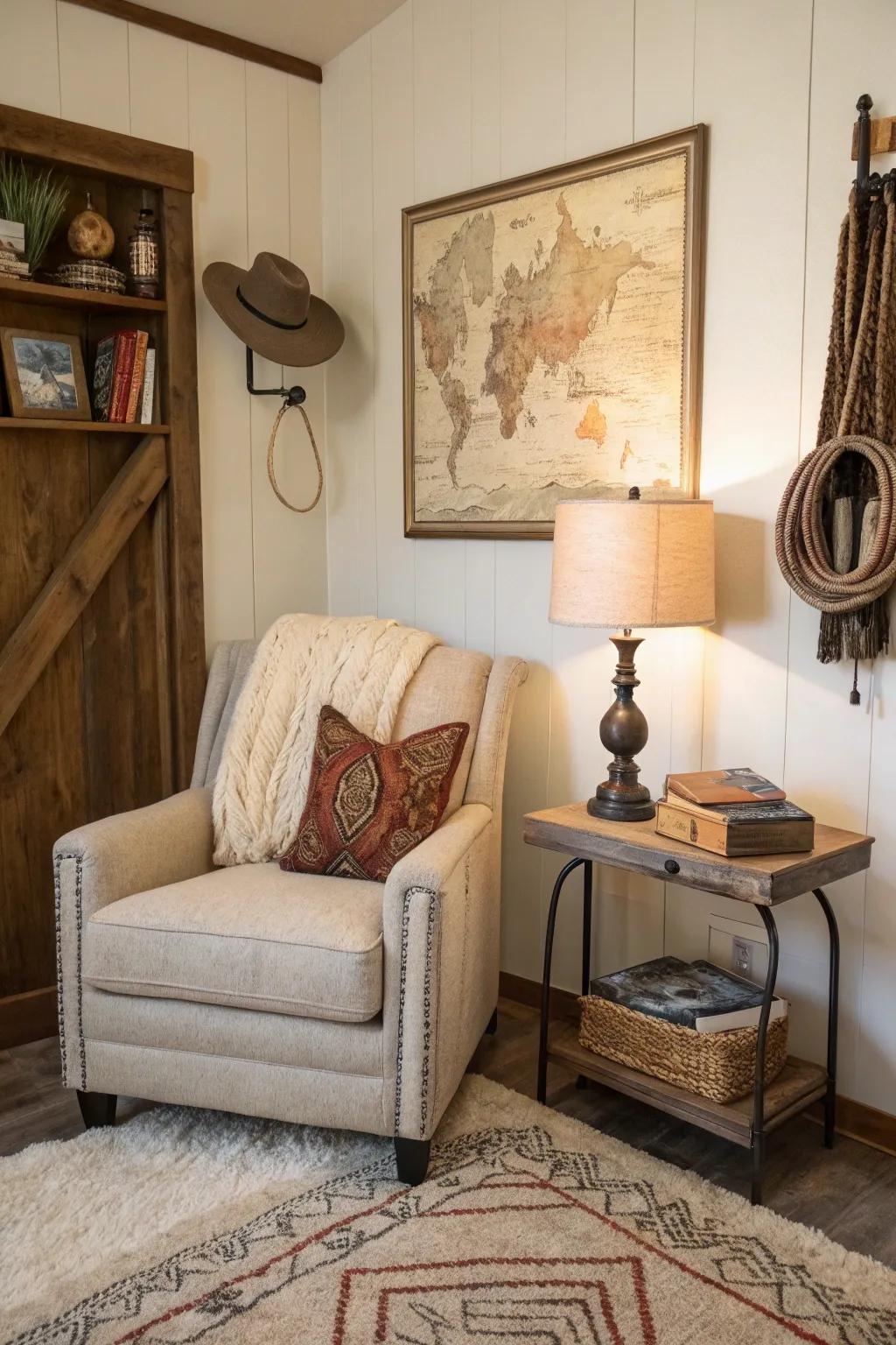 A western still life painting adds a cozy and inviting touch to this reading nook.