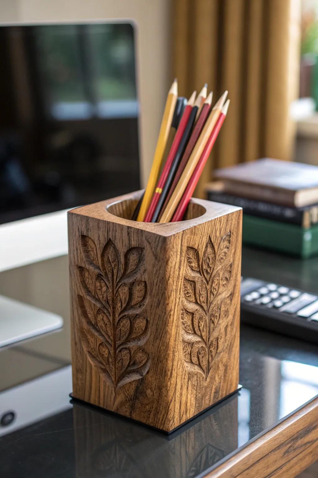 Elevate your workspace with handcrafted elegance: a wooden pencil holder that blends functionality with artistry.