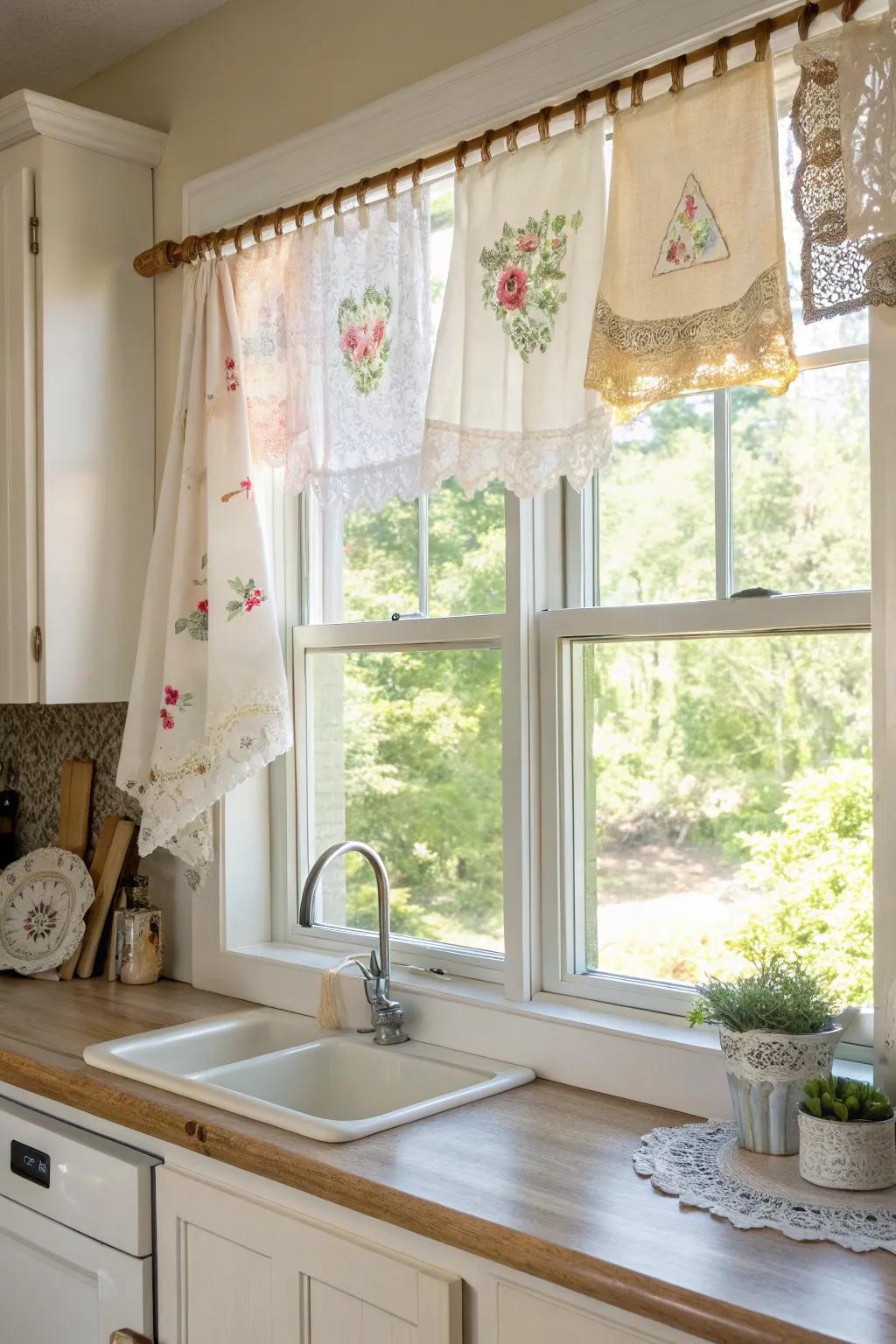 Transform vintage handkerchiefs into charming window valances for a touch of sunshine and nostalgia in your home.