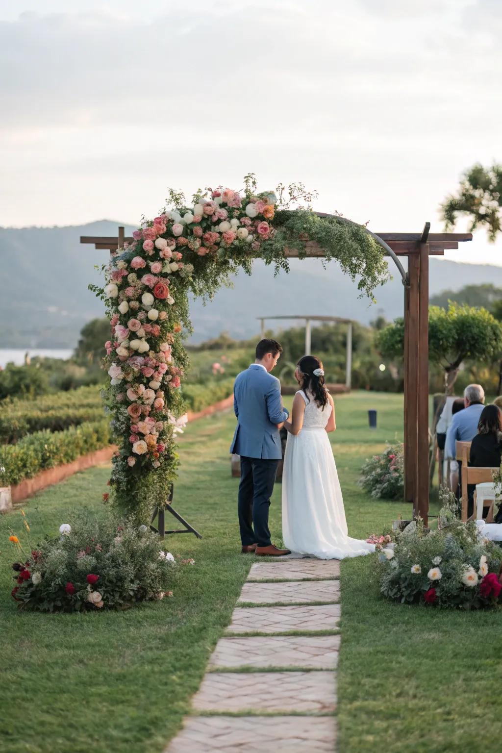 A lush floral archway setting the scene for a romantic ceremony.