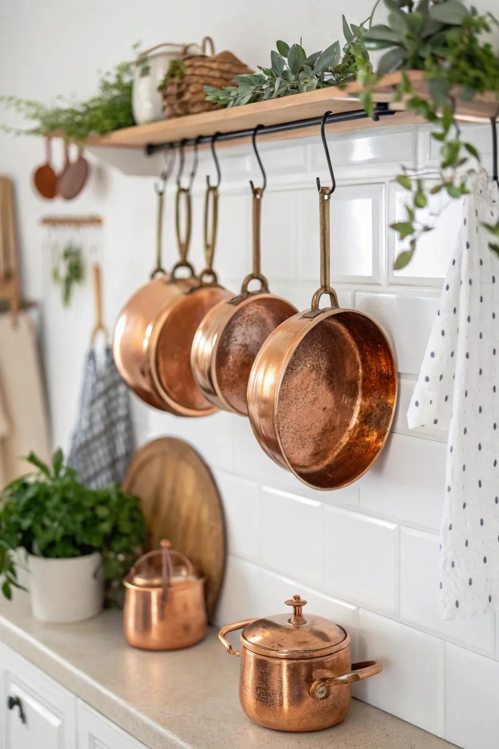 Copper pots serve as both functional and decorative elements.