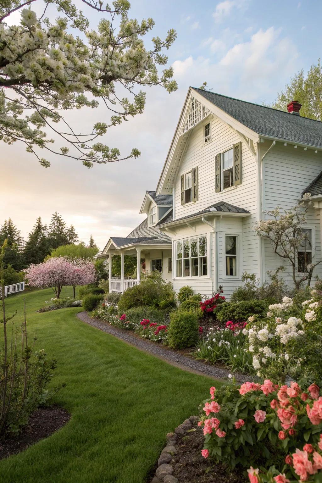 Cream trim adds a touch of elegance to this classic white home.