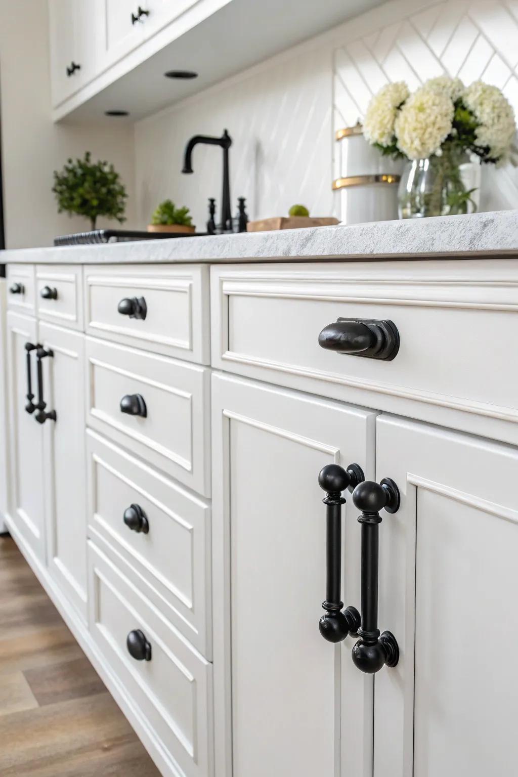 A variety of black hardware styles on white kitchen cabinets.