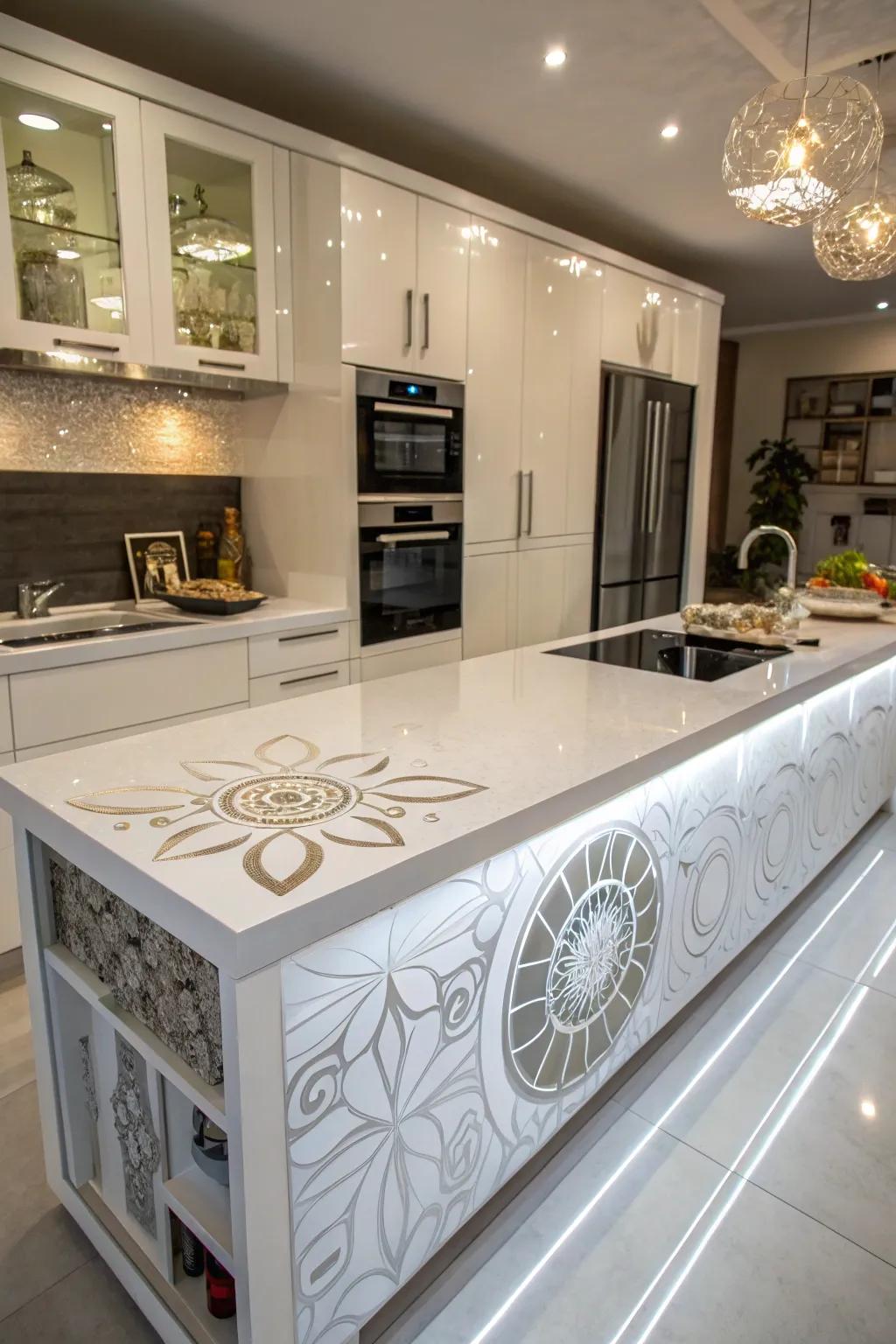 White resin countertops allow for personalized, easy-to-clean surfaces.