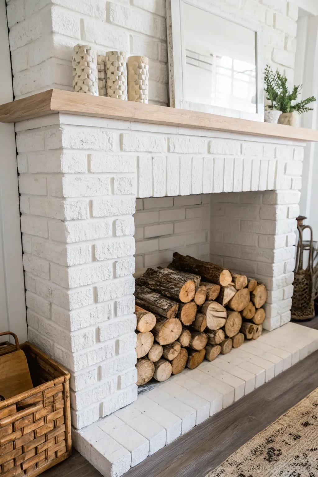 A non-working fireplace enhanced with decorative firewood.