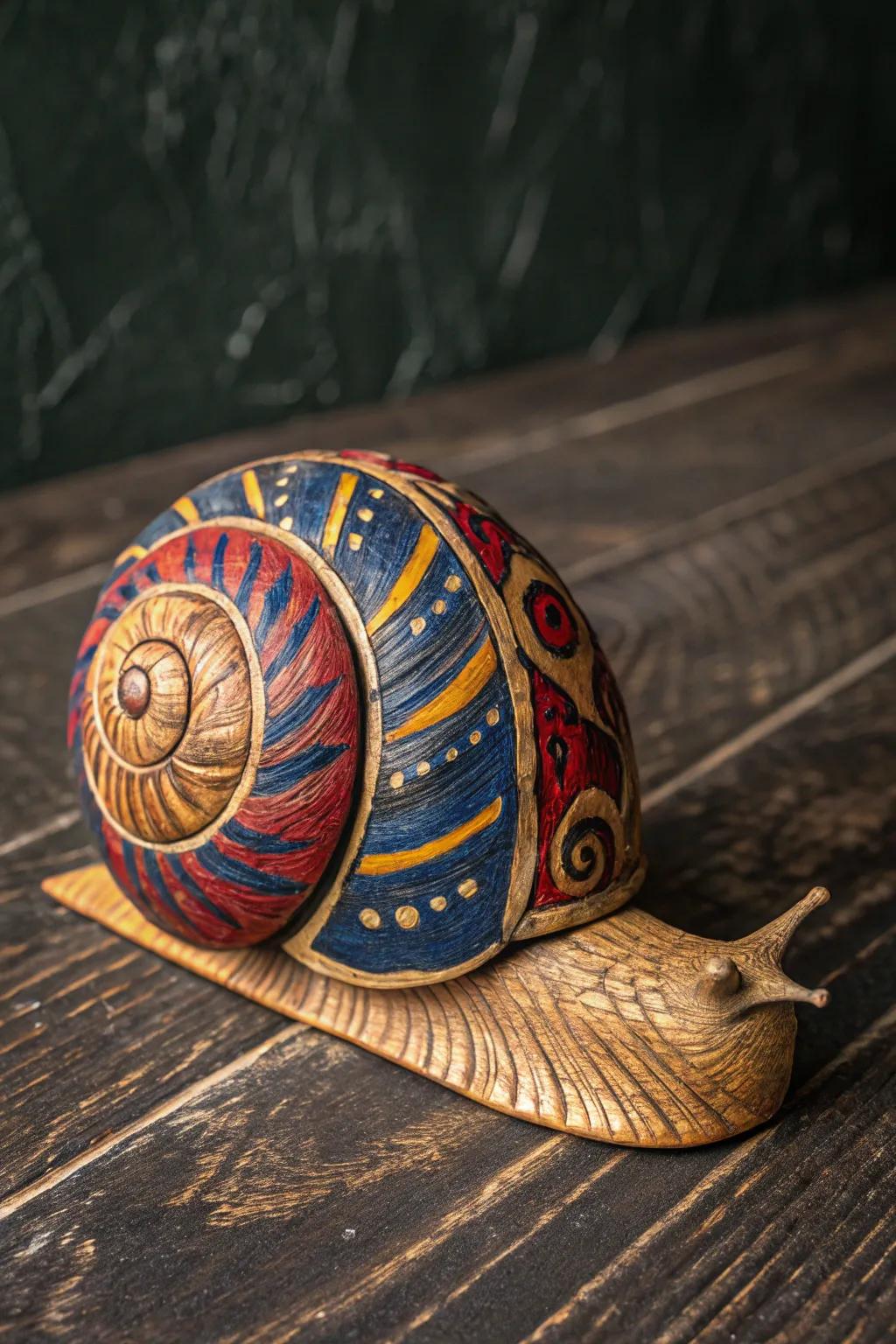 Master the art of whittling with this vibrant wooden snail sculpture, a testament to craftsmanship and creativity.