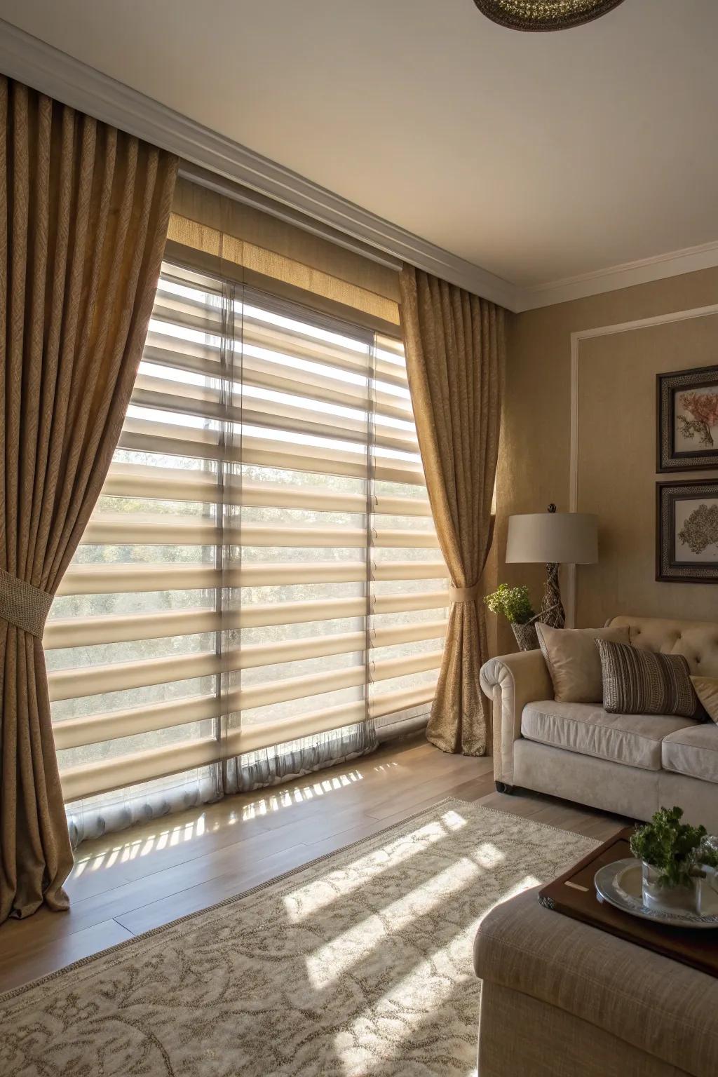 Layer blinds with curtains for a stylish and functional window treatment.