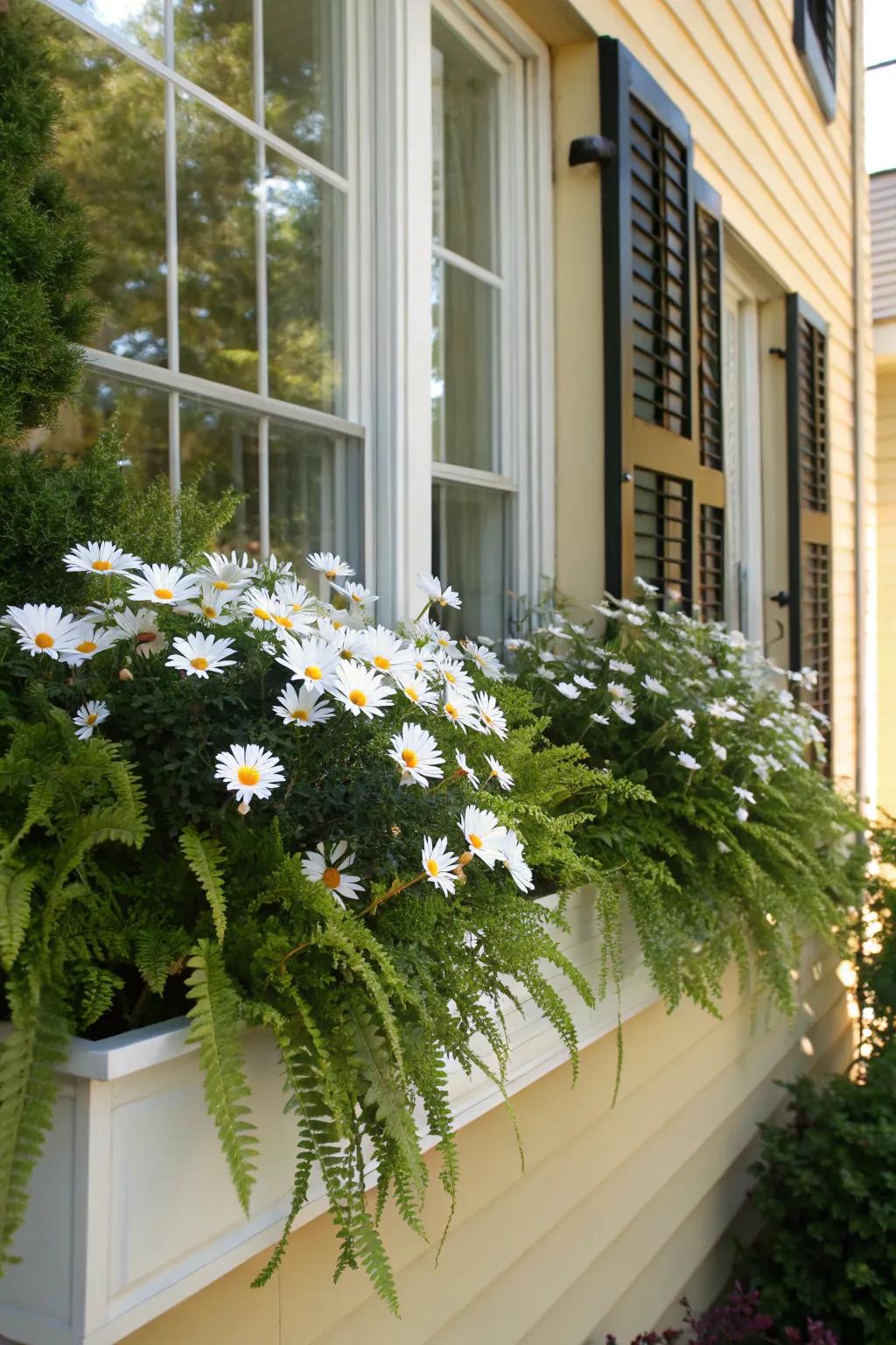 A delightful combination of daisies and ferns in a window box, perfect for adding charm to any home.