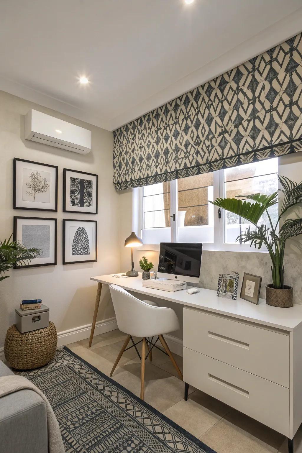 Bold geometric patterns in a stylish home office.