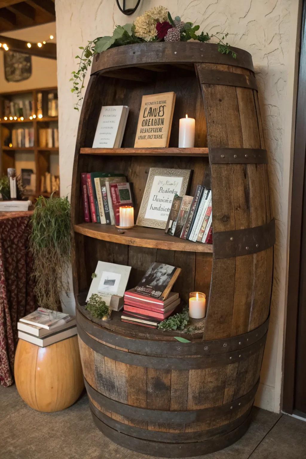 A wine barrel bookshelf is a unique way to display your books.