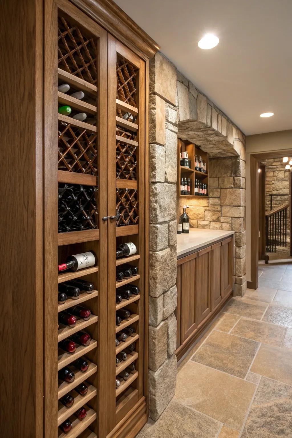 A wine closet featuring natural wood and stone materials