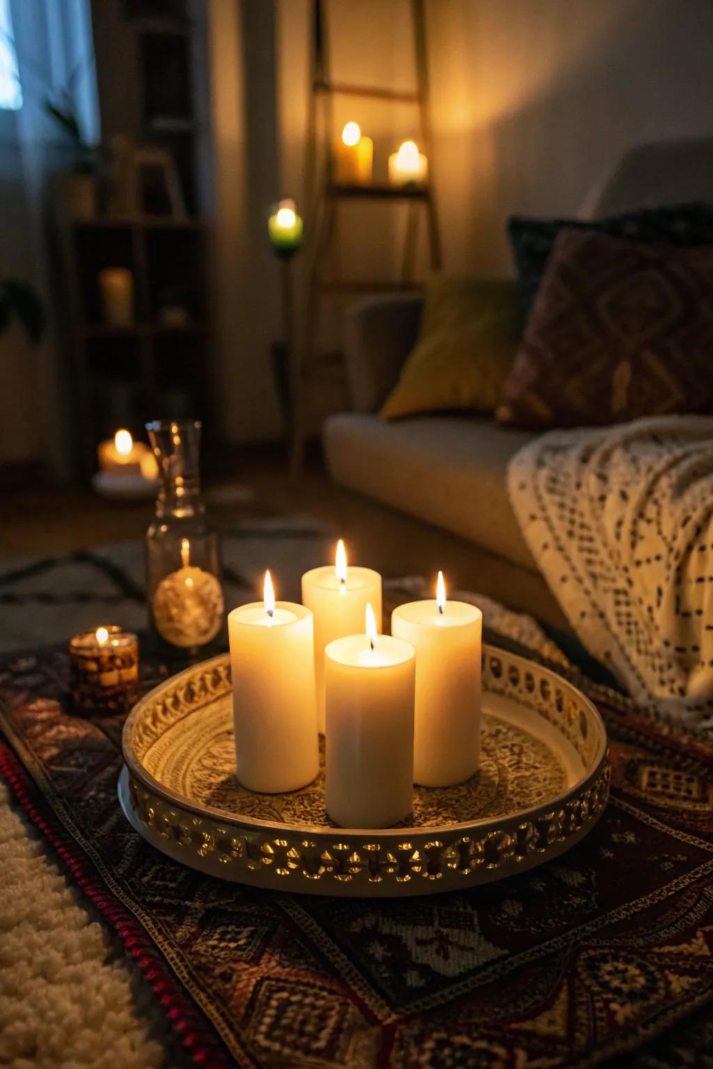 A cozy candle arrangement creating a warm ambiance.