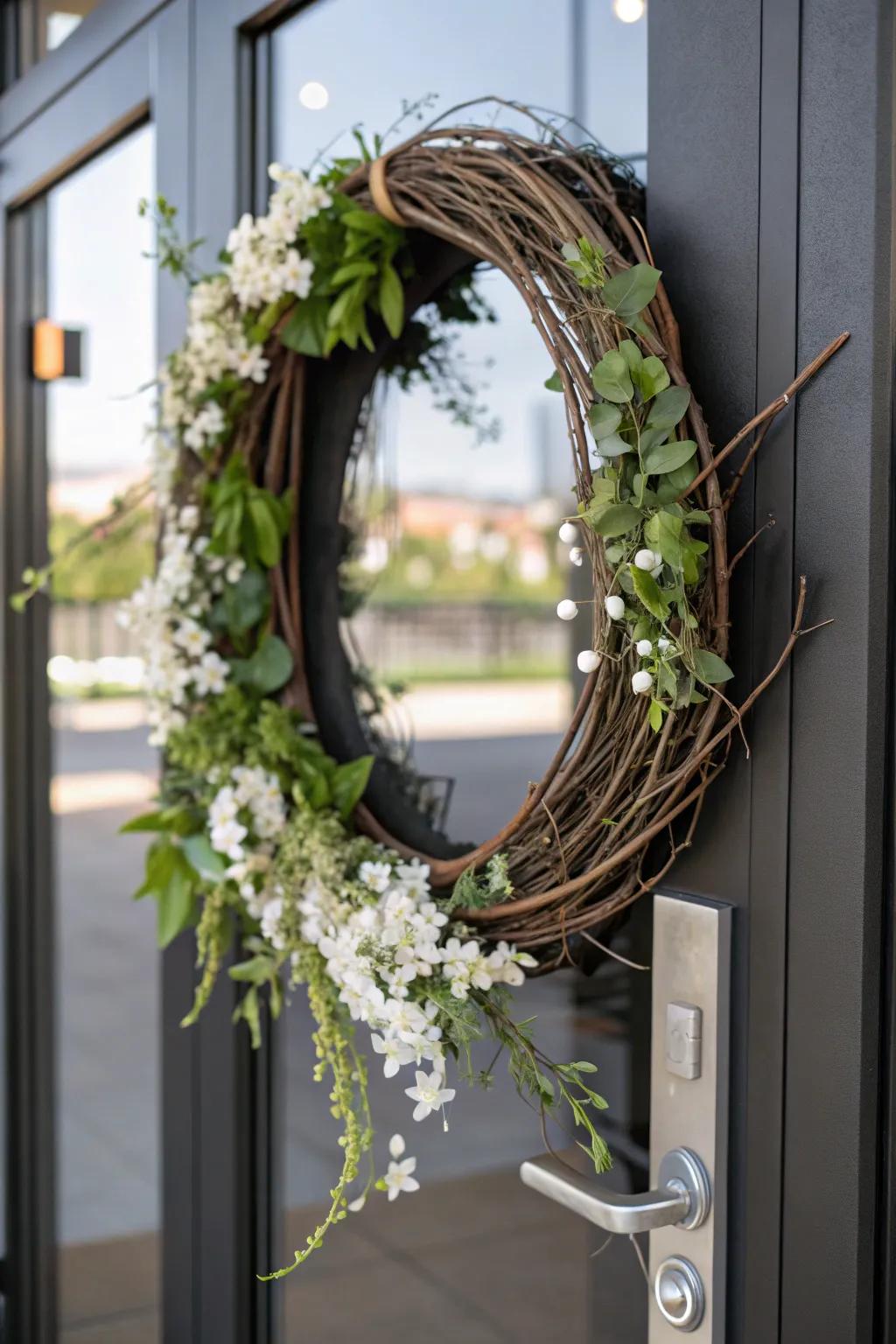 A minimalist moon-shaped wreath offers a modern take on winter decor.