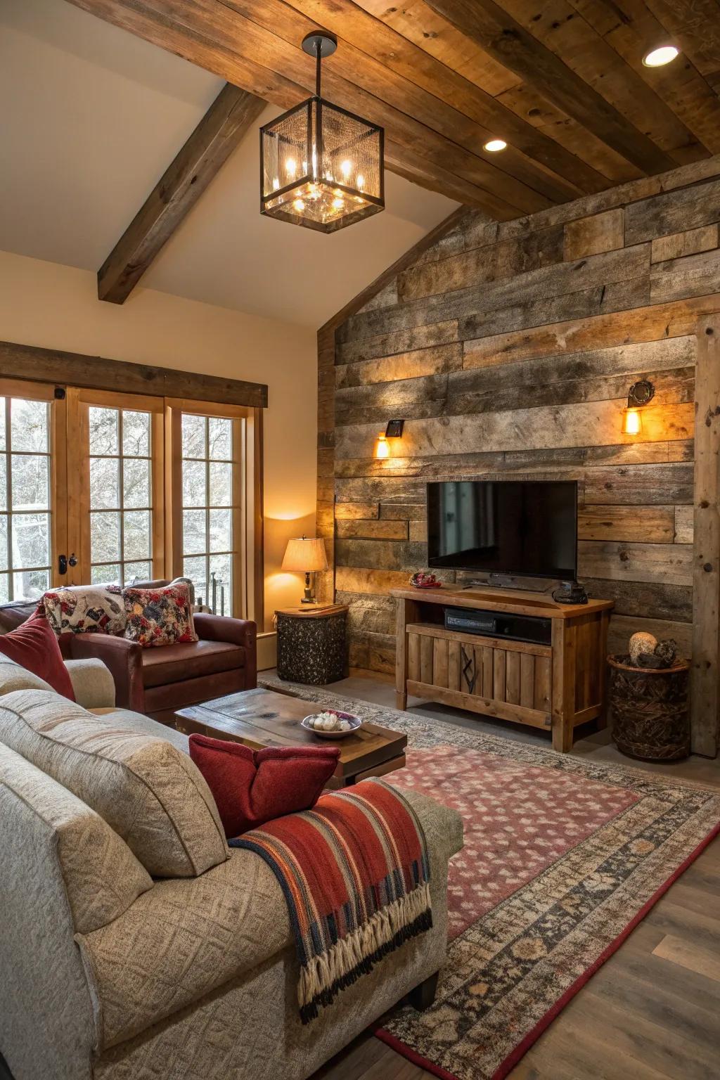 A rustic living room featuring a barnwood accent wall.