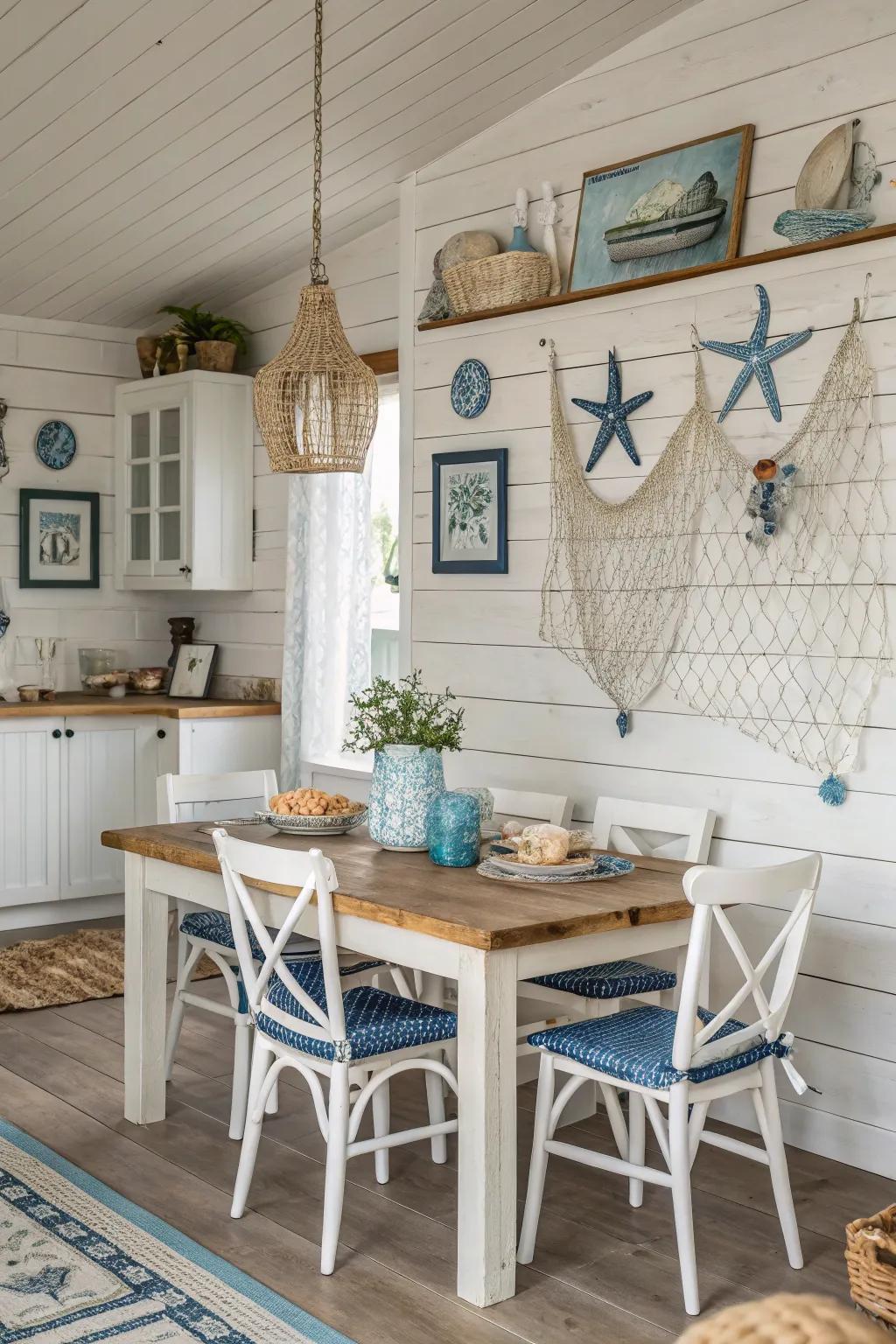 A coastal kitchen showcasing a charming shiplap wood backsplash.