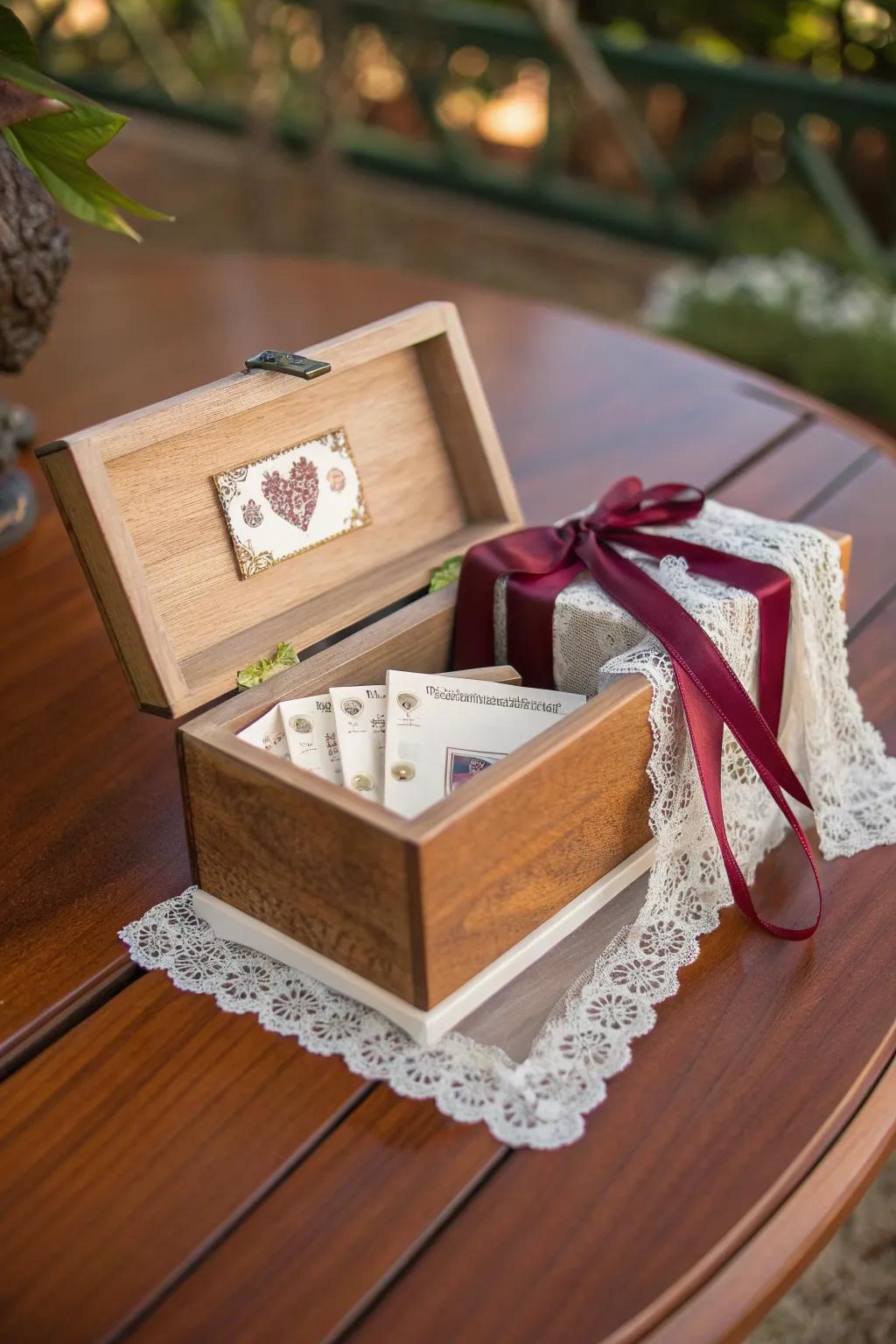 Add a touch of elegance to your rustic wedding with this handcrafted wooden card box, where craftsmanship meets romance.