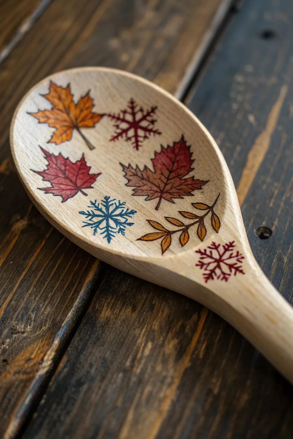Crafted with care, this spoon captures the essence of each season through artful wood-burning.