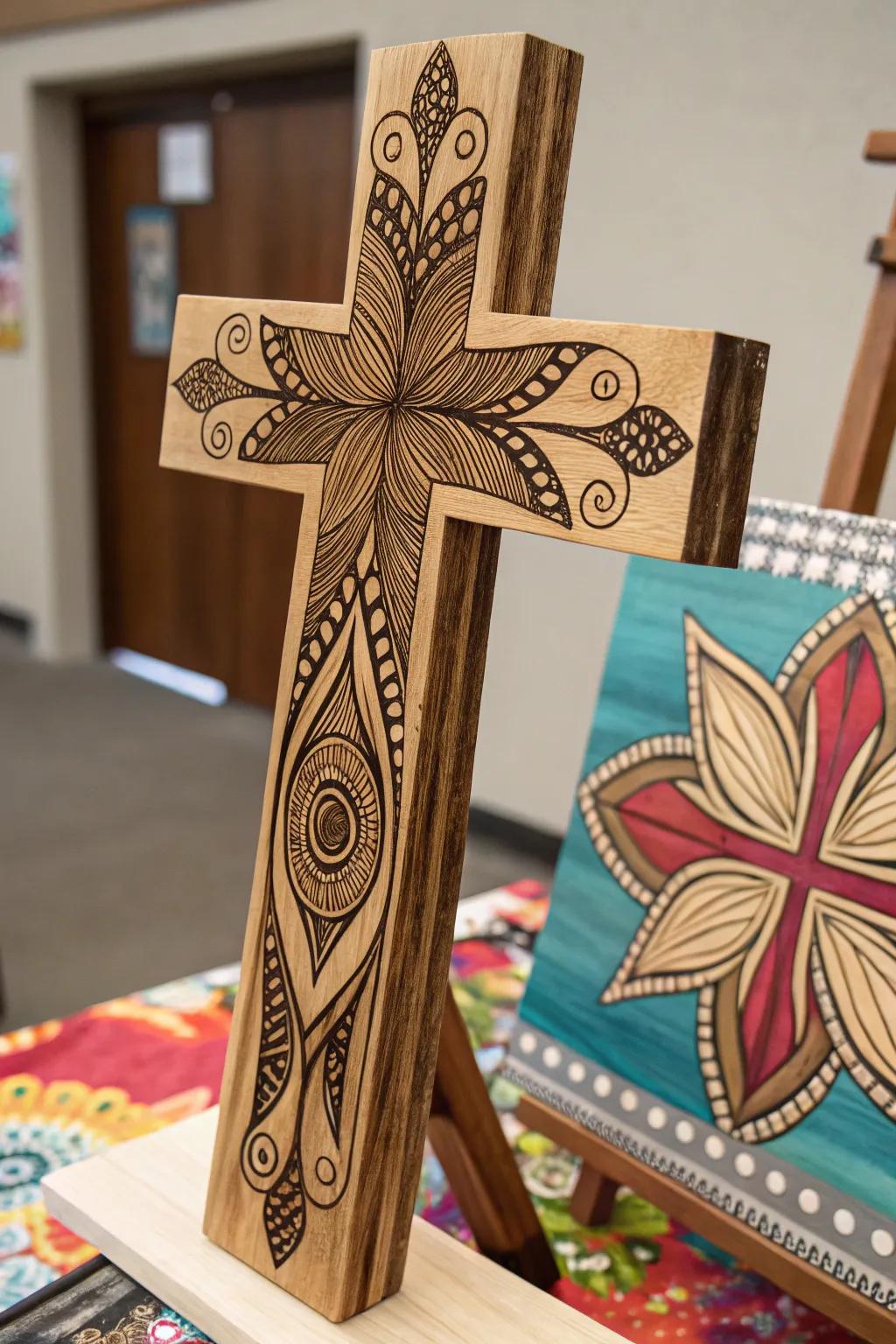 Abstract art brings a contemporary flair to this wooden cross design.